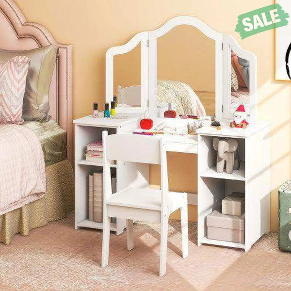 Kids Vanity Table and Chair Set with Removable Tri-Folding Mirror-White White Kids Vanities