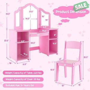 Kids Vanity Table and Chair Set with Removable Tri-Folding Mirror-White White Kids Vanities