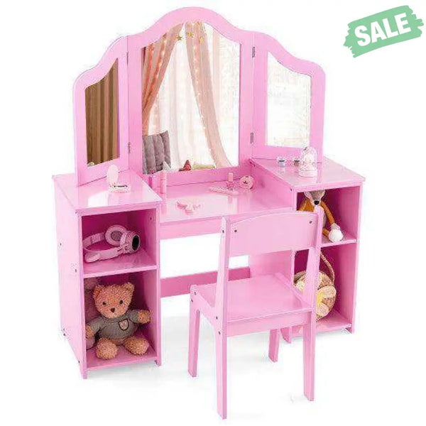 Kids Vanity Table and Chair Set with Removable Tri-Folding Mirror-White White Kids Vanities