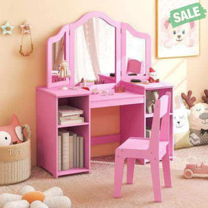 Kids Vanity Table and Chair Set with Removable Tri-Folding Mirror-White White Kids Vanities