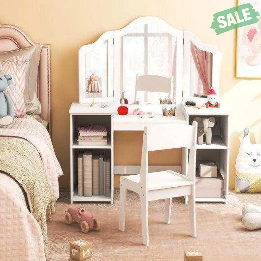 Kids Vanity Table and Chair Set with Removable Tri-Folding Mirror-White White Kids Vanities