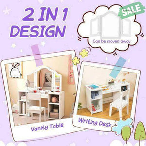 Kids Vanity Table and Chair Set with Removable Tri-Folding Mirror-White White Kids Vanities
