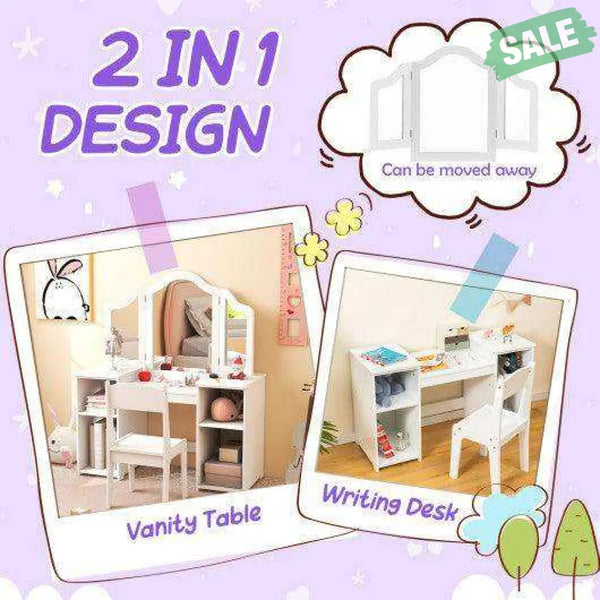 Kids Vanity Table and Chair Set with Removable Tri-Folding Mirror-White White Kids Vanities