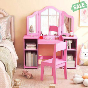 Kids Vanity Table and Chair Set with Removable Tri-Folding Mirror-White White Kids Vanities