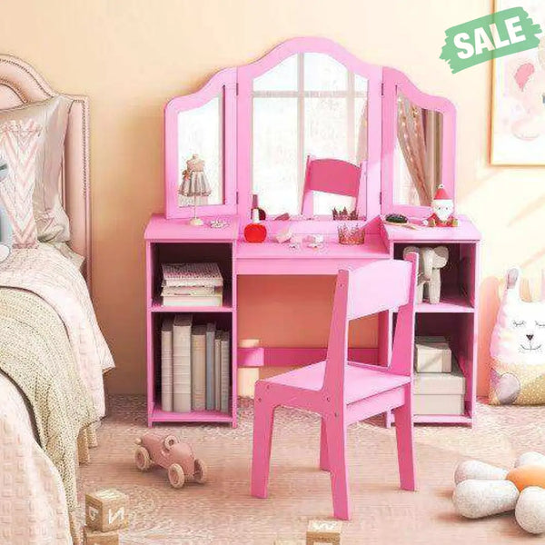 Kids Vanity Table and Chair Set with Removable Tri-Folding Mirror-White White Kids Vanities