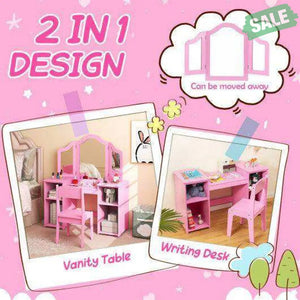 Kids Vanity Table and Chair Set with Removable Tri-Folding Mirror-White White Kids Vanities