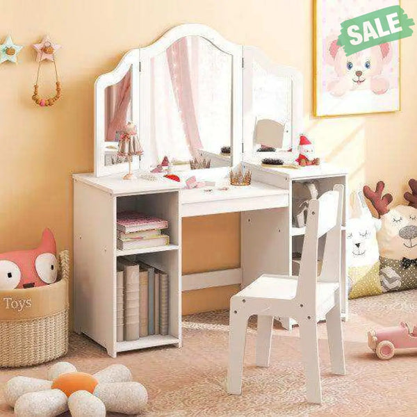 Kids Vanity Table and Chair Set with Removable Tri-Folding Mirror-White White Kids Vanities