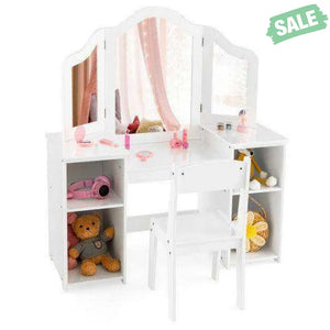 Kids Vanity Table and Chair Set with Removable Tri-Folding Mirror-White White Kids Vanities