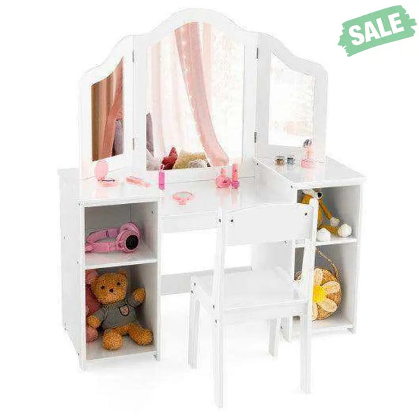 Kids Vanity Table and Chair Set with Removable Tri-Folding Mirror-White White Kids Vanities
