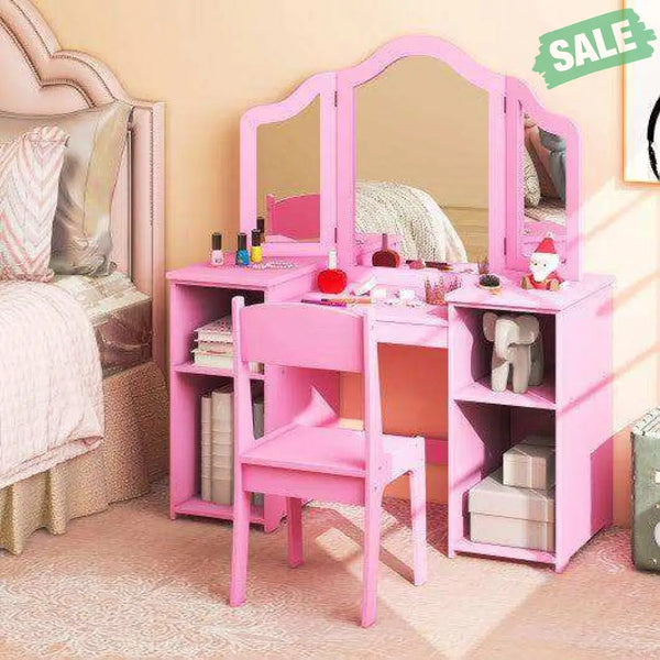 Kids Vanity Table and Chair Set with Removable Tri-Folding Mirror-White White Kids Vanities