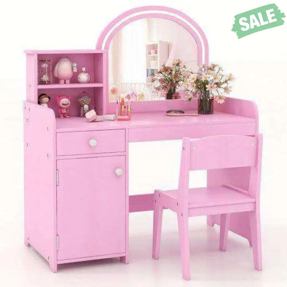 Kids Vanity Table and Chair Set with Shelves Drawer and Cabinet-Pink
