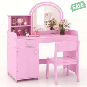 Kids Vanity Table and Chair Set with Shelves Drawer and Cabinet-Pink