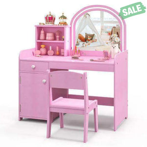 Kids Vanity Table and Chair Set with Shelves Drawer and Cabinet-Pink
