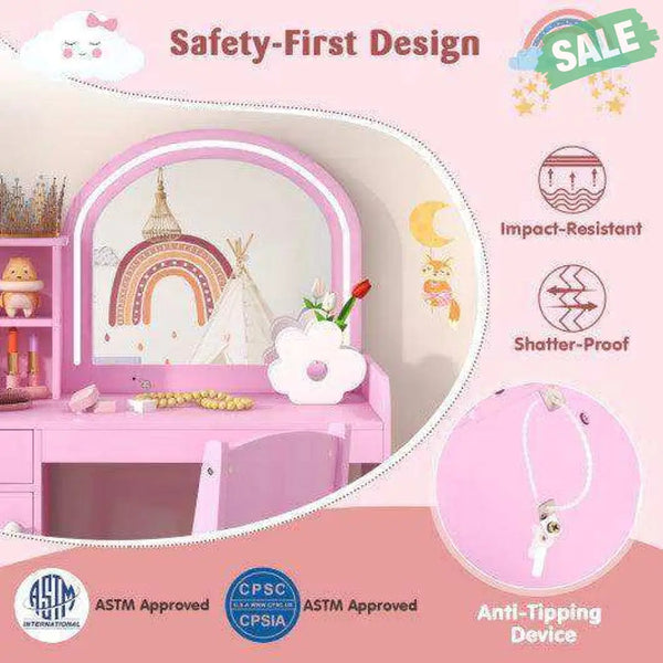 Kids Vanity Table and Chair Set with Shelves Drawer and Cabinet-Pink