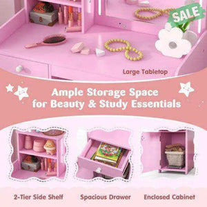 Kids Vanity Table and Chair Set with Shelves Drawer and Cabinet-Pink
