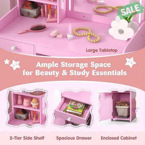 Kids Vanity Table and Chair Set with Shelves Drawer and Cabinet-Pink