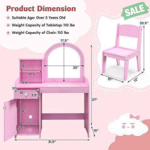 Kids Vanity Table and Chair Set with Shelves Drawer and Cabinet-Pink