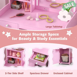 Kids Vanity Table and Chair Set with Shelves Drawer and Cabinet-White Pink Kids Vanities