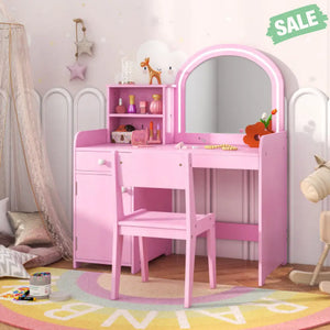Kids Vanity Table and Chair Set with Shelves Drawer and Cabinet-White Kids Vanities