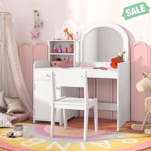 Kids Vanity Table and Chair Set with Shelves Drawer and Cabinet-White Kids Vanities