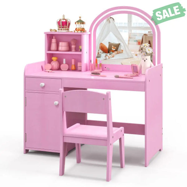 Kids Vanity Table and Chair Set with Shelves Drawer and Cabinet-White Kids Vanities