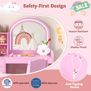 Kids Vanity Table and Chair Set with Shelves Drawer and Cabinet-White Kids Vanities