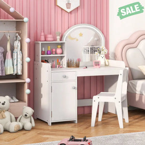 Kids Vanity Table and Chair Set with Shelves Drawer and Cabinet-White Kids Vanities