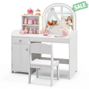 Kids Vanity Table and Chair Set with Shelves Drawer and Cabinet-White Kids Vanities