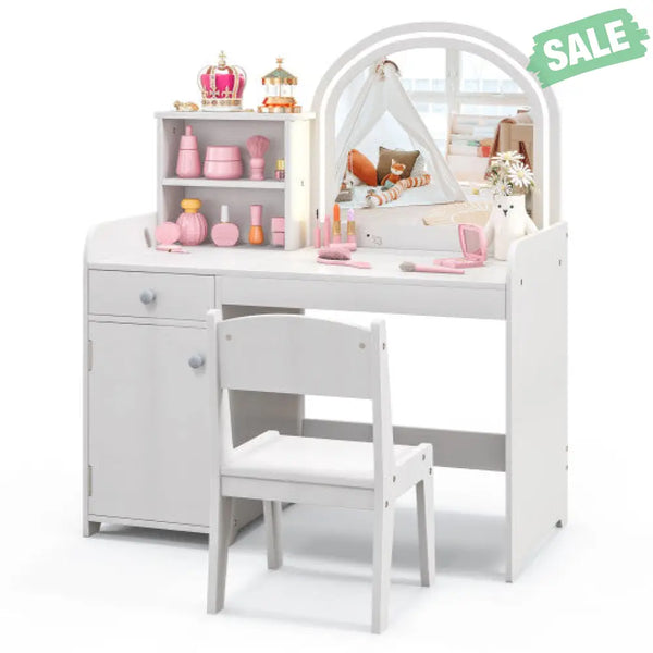 Kids Vanity Table and Chair Set with Shelves Drawer and Cabinet-White Kids Vanities