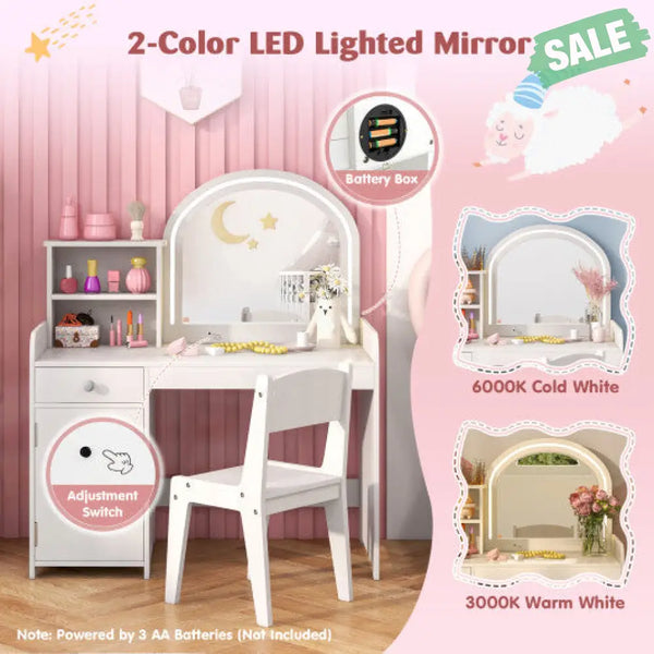 Kids Vanity Table and Chair Set with Shelves Drawer and Cabinet-White White Kids Vanities