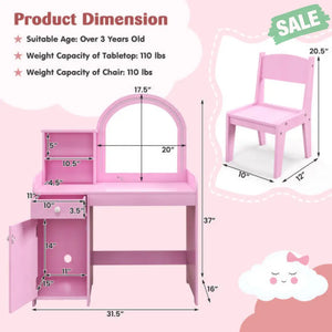 Kids Vanity Table and Chair Set with Shelves Drawer and Cabinet-White Kids Vanities