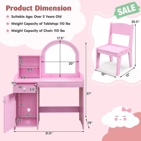 Kids Vanity Table and Chair Set with Shelves Drawer and Cabinet-White Kids Vanities