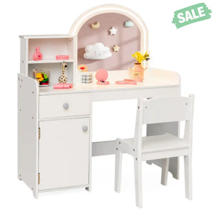 Kids Vanity Table and Chair Set with Shelves Drawer and Cabinet-White Kids Vanities