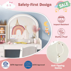 Kids Vanity Table and Chair Set with Shelves Drawer and Cabinet-White Kids Vanities