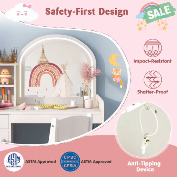 Kids Vanity Table and Chair Set with Shelves Drawer and Cabinet-White Kids Vanities