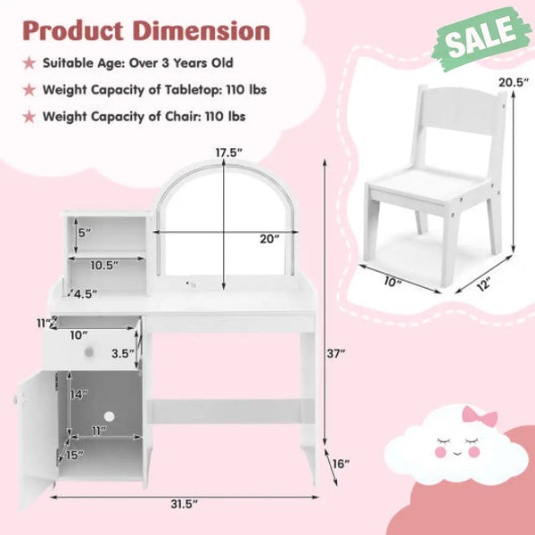 Kids Vanity Table and Chair Set with Shelves Drawer and Cabinet-White Kids Vanities