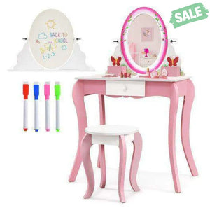 Kids Vanity Table and Stool Set with 360° Rotating Mirror and Whiteboard-Pink Kids Vanities