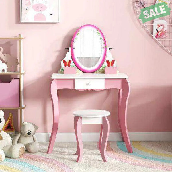 Kids Vanity Table and Stool Set with 360° Rotating Mirror and Whiteboard-Pink Kids Vanities