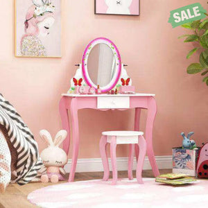 Kids Vanity Table and Stool Set with 360° Rotating Mirror and Whiteboard-Pink Kids Vanities