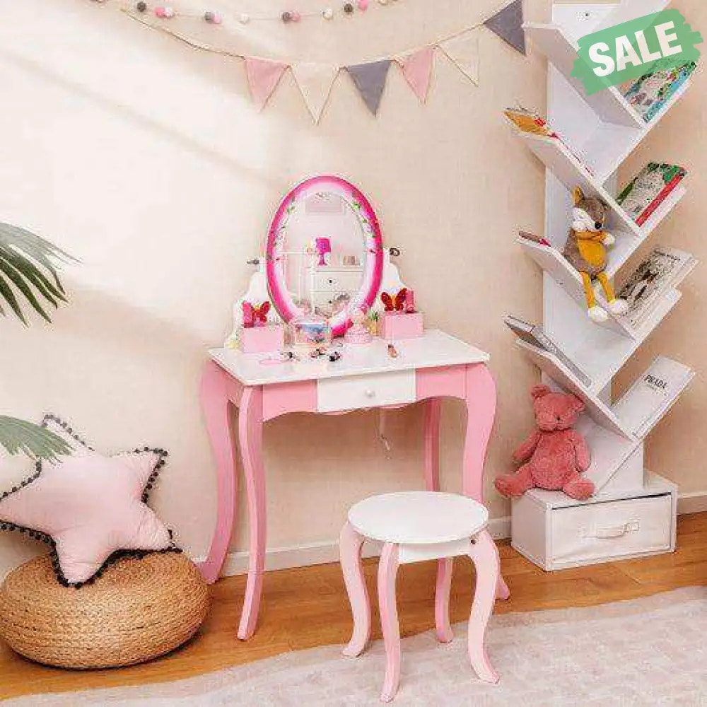 Kids Vanity Table and Stool Set with 360° Rotating Mirror and Whiteboard-Pink Kids Vanities