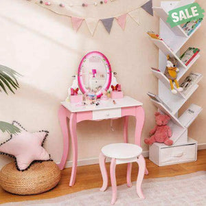 Kids Vanity Table and Stool Set with 360° Rotating Mirror and Whiteboard-Pink Kids Vanities