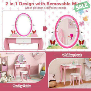 Kids Vanity Table and Stool Set with 360° Rotating Mirror and Whiteboard-Pink Kids Vanities