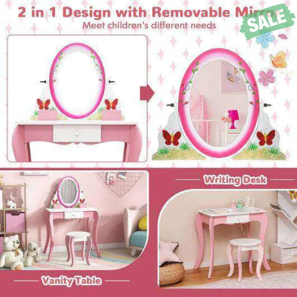 Kids Vanity Table and Stool Set with 360° Rotating Mirror and Whiteboard-Pink Kids Vanities