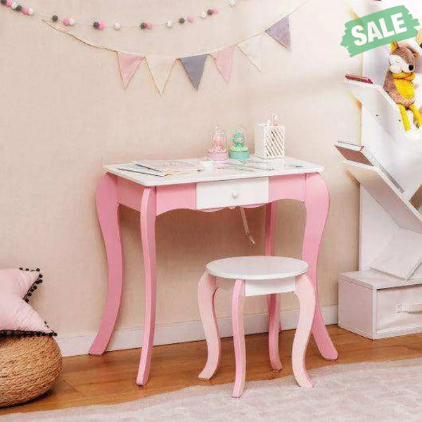 Kids Vanity Table and Stool Set with 360° Rotating Mirror and Whiteboard-Pink Kids Vanities