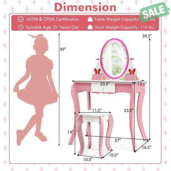 Kids Vanity Table and Stool Set with 360° Rotating Mirror and Whiteboard-Pink Kids Vanities