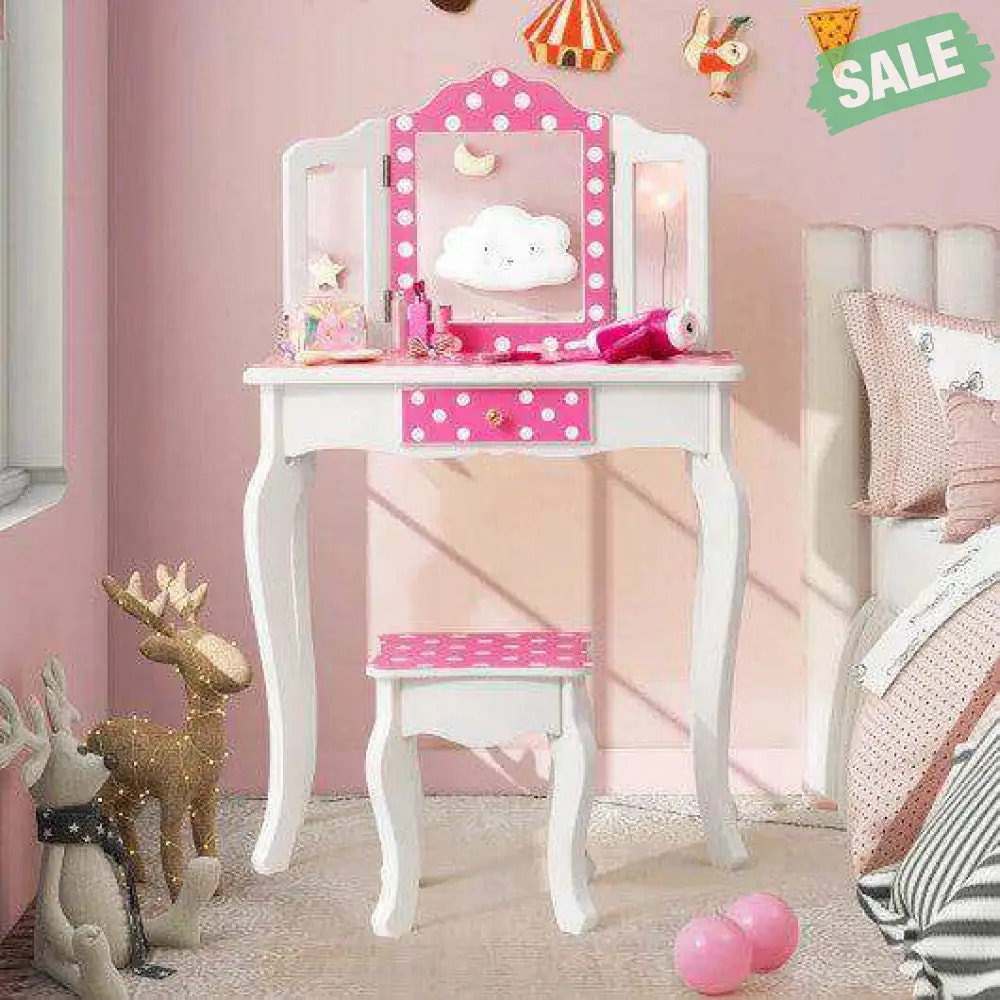 Kids Vanity Table and Stool Set with Cute Polka Dot Print-Pink Kids Vanities
