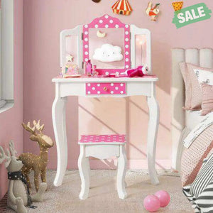Kids Vanity Table and Stool Set with Cute Polka Dot Print-Pink Kids Vanities