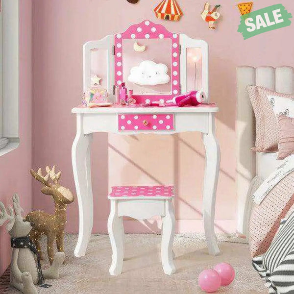 Kids Vanity Table and Stool Set with Cute Polka Dot Print-Pink Kids Vanities