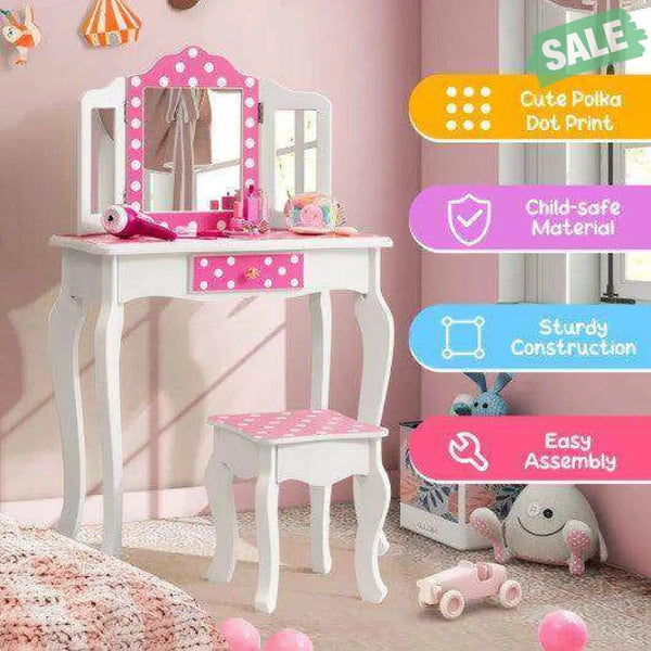 Kids Vanity Table and Stool Set with Cute Polka Dot Print-Pink Kids Vanities