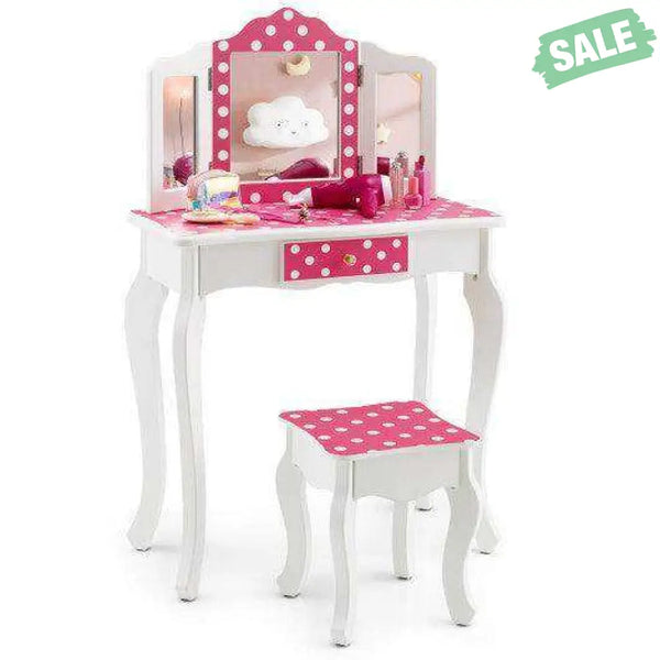 Kids Vanity Table and Stool Set with Cute Polka Dot Print-Pink Kids Vanities